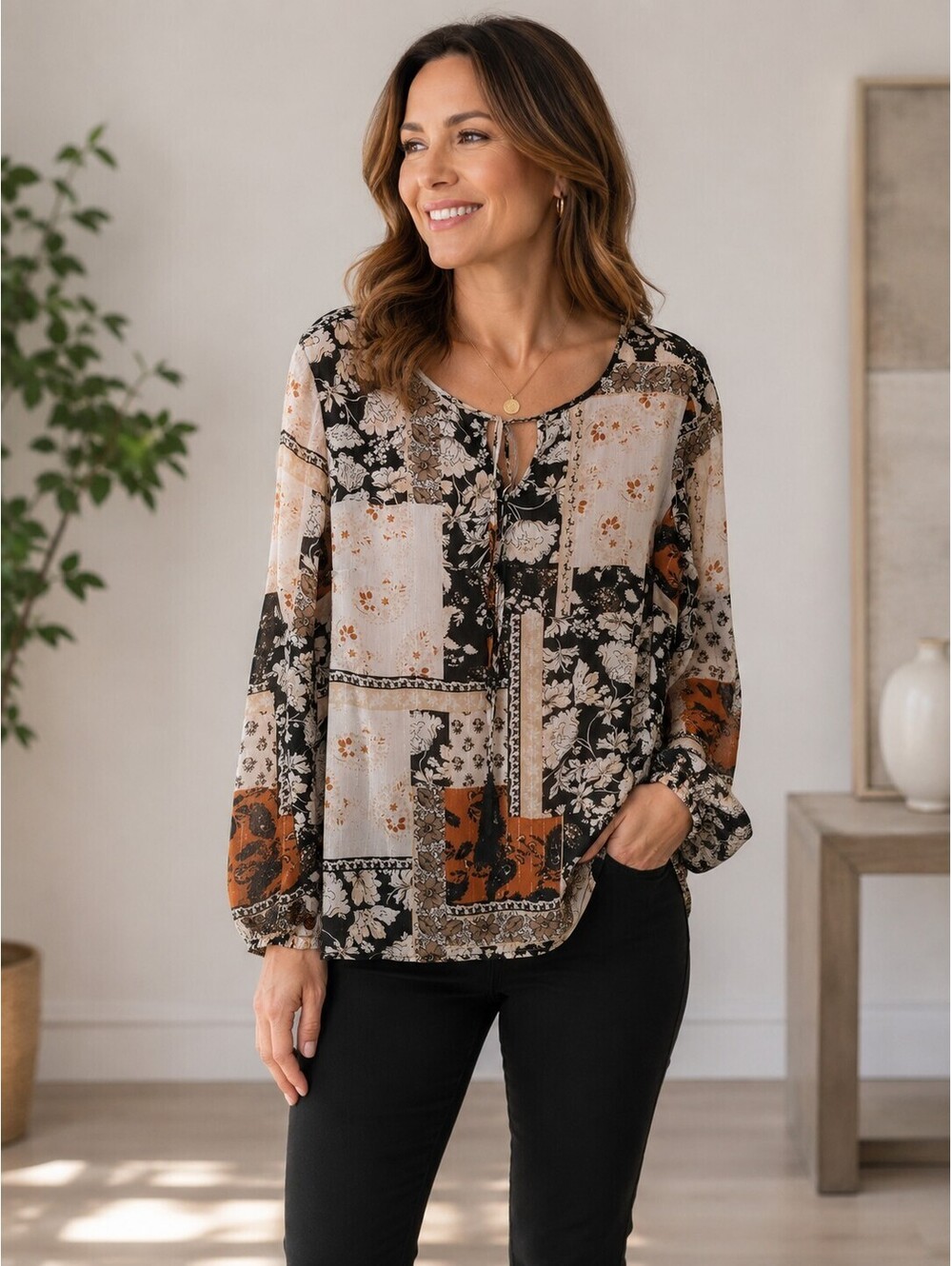 Belle Boho Kim Gravel Floral Patchwork Peasant Blouse Women's M Boho Tassel Top